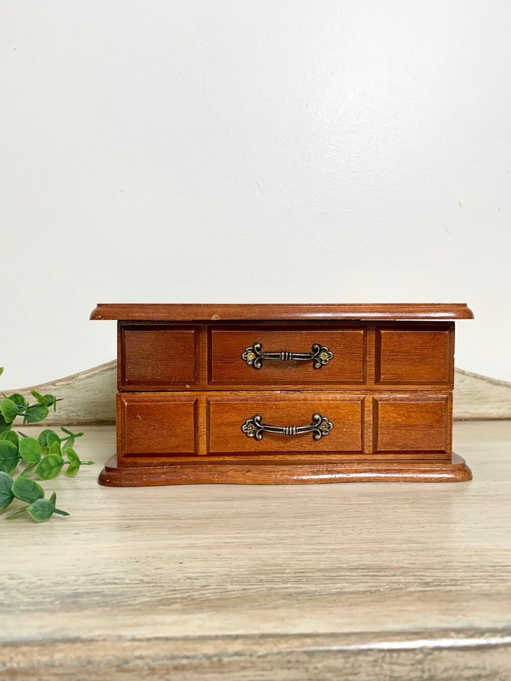 Vintage Wood Jewelry Box Lidded Mirror Drawer Organizer Ring Storage Cottagecore